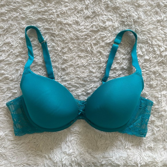 Cacique Quarterly Lace Plunge Bra 42C Underwire Padded Adjustable Strap Teal - Picture 2 of 8